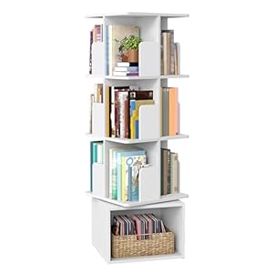 VASAGLE Custos Colección – Estantería Giratoria de 4 Niveles, Librería Rotatoria 360°, con Compartimentos Abiertos, 40 x 40 x 124,6 cm, para Dormitorio, Salón, Oficina, Blanco Nube LBC471WB01