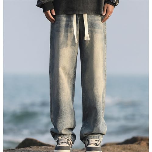 Men's Wide Leg Jeans Elastic Waist Baggy Denim Pants Casual Drawstring Trousers3