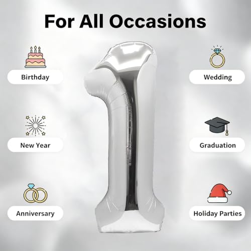 Image of Number Balloons Silver Party Balloon - Giant Number 1 Balloon, 40 Inch Large Balloon for Birthday Decorations, Silver Party Supplies for Anniversary