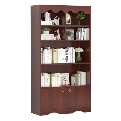 GarveeHome 5 Tier Modern Bookcase with Doors, Brown Wood Bookcase Storage Organizer Shelf, 63 in Tall Display Storage Shelves for Bedroom, Living Room