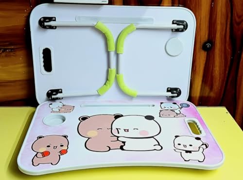 Image of Foldable Kids Study Table - Portable Multipurpose Bed Desk with Cup Holder & Handle, Cartoon Dudu and Bubu Design for Study, Drawing, Reading, Eating, Writing