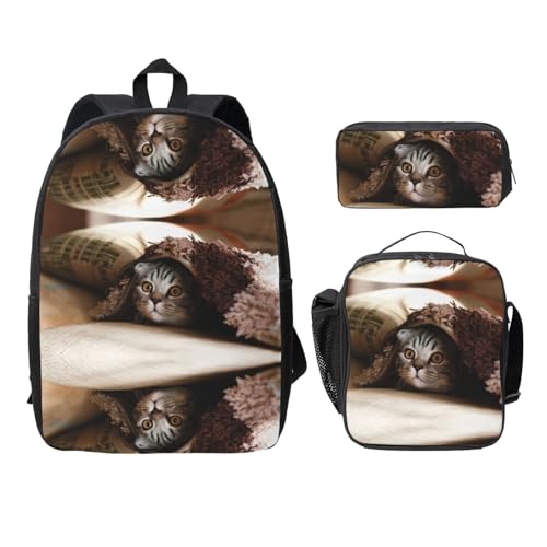 Sac à dos chat EdWal 3 pièces avec trousse et sac isotherme collège noir