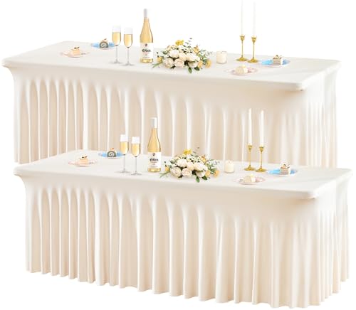 Wish Care 2 Pack Stretch Spandex Table Clothes for 8 Foot Rectangle Tables, 8FT Wrinkle Free Fitted Tablecloths Ruffles Design Table Cover for Party, Banquet, Wedding and Events