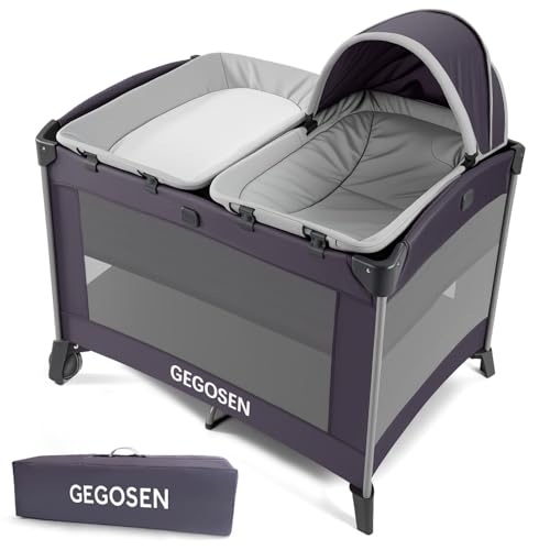 Image of GEGOSEN Portable Baby Playard 4 in 1 Design, Foldable Baby Playpen with Removable Bassinet, Canopy and Changing Table, Infant Playrad, Nursery Center Travel Crib