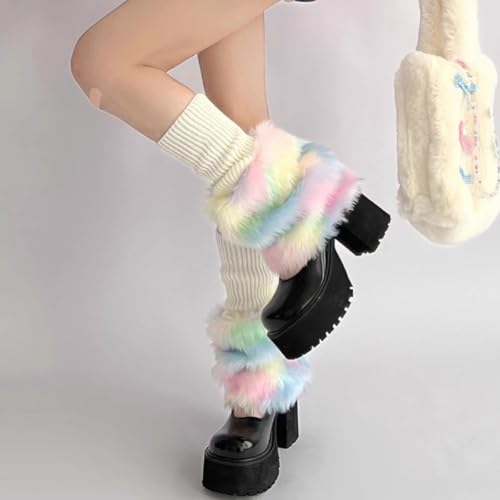 Plush Leg Warmers for Women,Soft Cozy Faux Fur Gradient Rainbow Color Fluffy Thick Warm Leg Warmers4