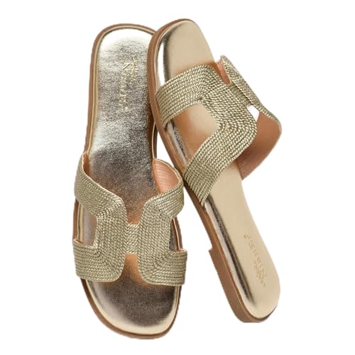 Image of NianEr Womens Microfiber Leather Memory Foam H Sandals Summer Shoes Slides | Flat, Comfortable, Slip On, Dressy, Dress, Beach, Vacation, Designer, Comfy, Casual, Bridal, Church, Boho, Office, Work