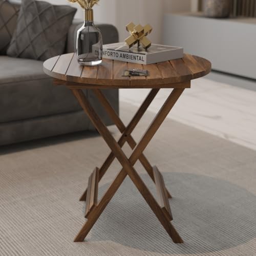 ETIQUETTE ART Patio Folding Coffee Table/Tea Table,Outdoor Wooden Square Portable End Table/Picnic Table for Camping & Dining/Balcony and Garden Bistro Side Table (Round 24 in)