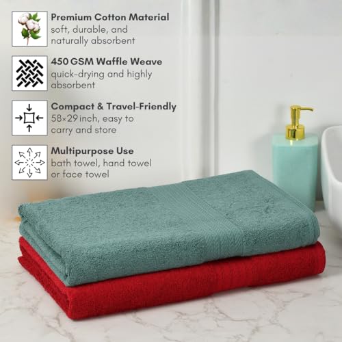 Image of Mafatlal Joy Bath Towel Large Size - Pack of 2 | 58 x 29 inch | Soft Cotton | Quick Dry | Highly Absorbent | 450 GSM | Green N Red