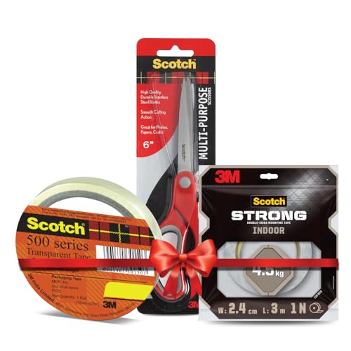 Image of 3M Scotch Combo Pack - Transparent Packing Tape (24mm, 3-Inch Core) + Multi-Purpose Scissors (6 inch) + Double-Sided Foam Tape (2.4cm x Ideal for Packaging, Crafting & Office Use