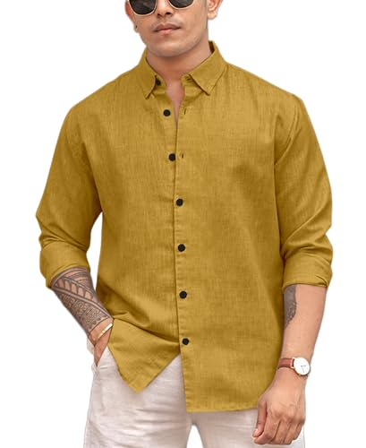 Image of Men's Solid Linen Blend Cotton Shirt | Full Sleeve Plain Shirt for Men | Regular Fit Casual & Formal Wear