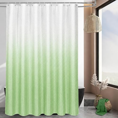 Image of HOMETHREADS Embrace Luxury with Our 6-Feet Long Premium Polyester Shower Curtain with 12 Hooks for a Lavish Bathroom Ambiance | Stylish, Splendid, and Perfectly Sized (White Shade Green, 180x200cm)