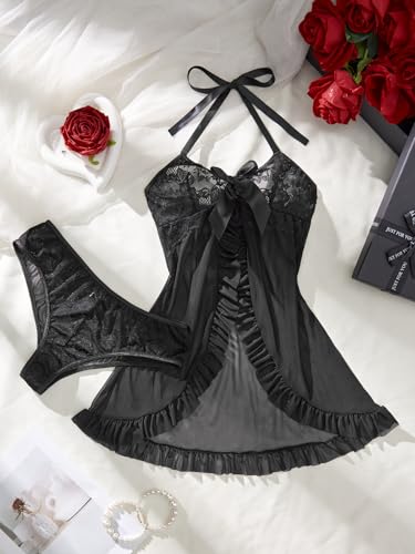 Image of Foxiny Sexy Halter Open Front Ruffle Sheer Mesh Lace Babydoll Lingerie Dress with Thong 2 Piece