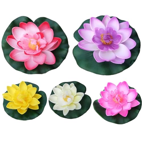 Jorzer 5 Flores de Loto Artificiales de EVA de 4 Pulgadas y 5 Colores con nenúfar para decoración de jardín Estanque Piscina Acuario pecera Agua.