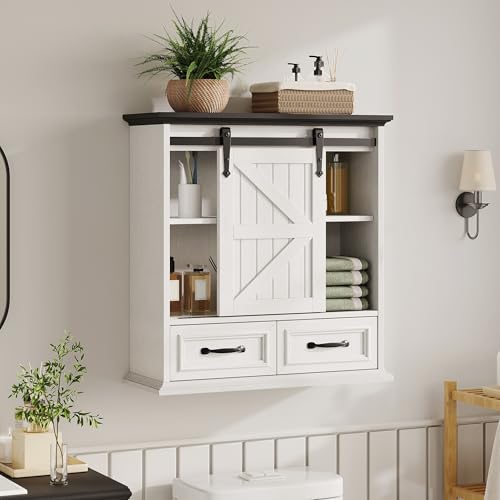 Image of FiveWillowise Bathroom Wall Storage Cabinet with 2 Drawers, White Floating Wall Mounted Medicine Cabinet with Sliding Door & Adjustable Shelves, Over The Toilet for Bathroom, Laundry Room, Kitchen