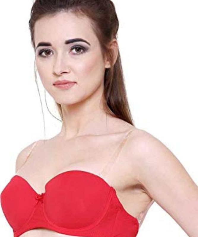 Image of Brachy Women Cotton Nylon Spandex Padded Underwire Strapless Backless Invisible Clear Transparent Back Push up Bra with (Free Extra Transparent Strap)