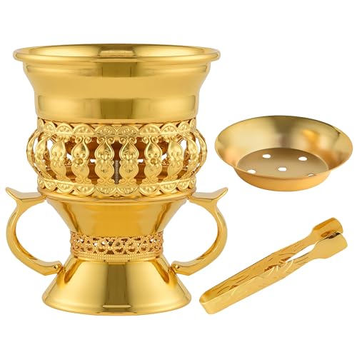 Bakhoor Burner, Frankincense Burner for Resin Incense, Charcoal Incense Burner, Incense Holder with Handle Tongs for Yoga, Spa Aromatherapy (Gold)