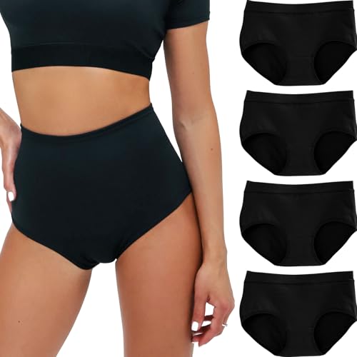 Risipu 4PCS Womens Cotton Knickers High Waisted Knickers for Women Ladies Full Briefs Soft Panties for Women No Itchy Labels (UK Alpha M Regular Regular Black)
