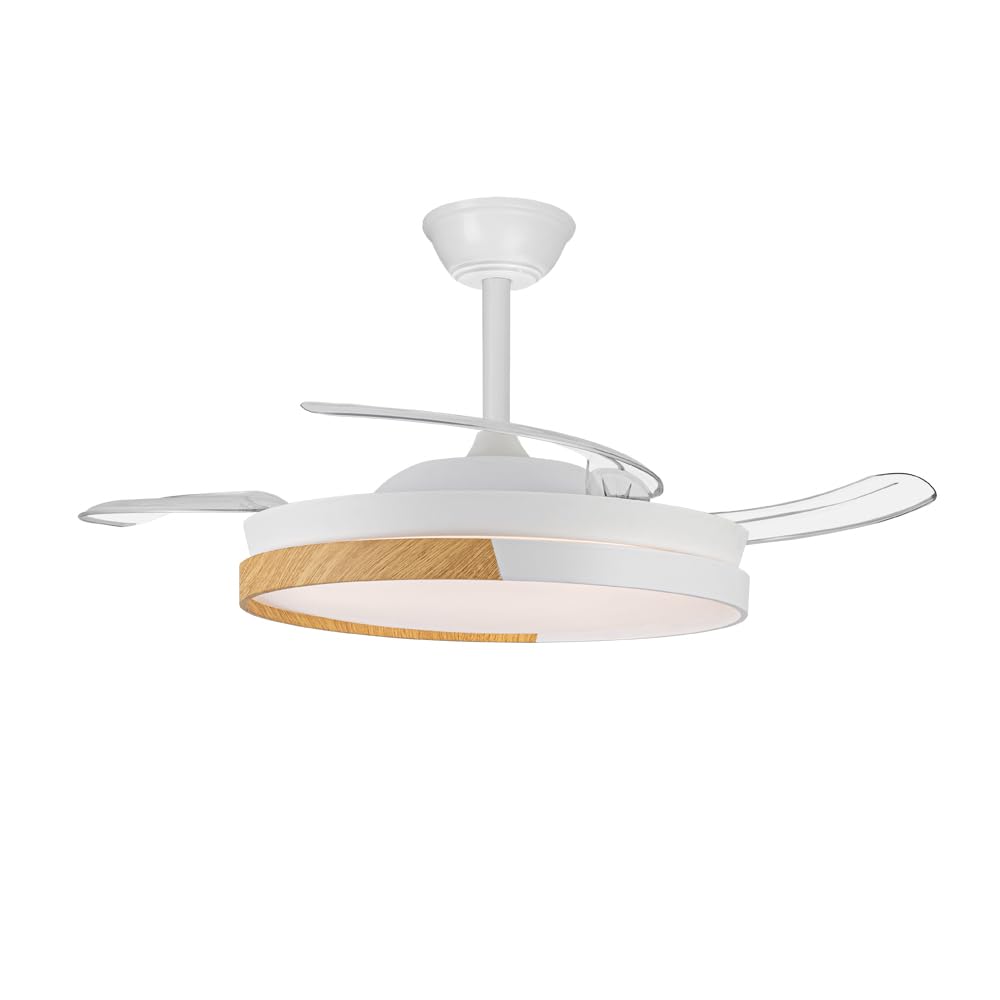 wonderlamp - Ventilador de techo con aspas retráctiles, Ventilador de techo con luz LED Arpino Blanco+Madera CCT 3000-4000-6000K, Intensidad Regulable 48W, Silencioso