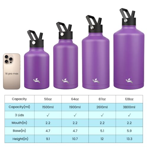Image of Konokyo Half Gallon Insulated Water Bottle with Straw,64 oz 3 Lids Water Jug with Carrying Bag,Paracord Handle,Double Wall Vacuum Stainless Steel Metal Flask,Purple