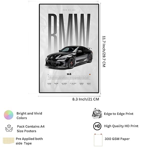 Image of Fit-in Trends Car Poster For Wall Boys Room|Super Car Poster Stickers | Gifting Ideas For Men Boys Car Lover's | Wall Art For Living room, Office, Dining Room| A4 Size Wall Art(BMW)