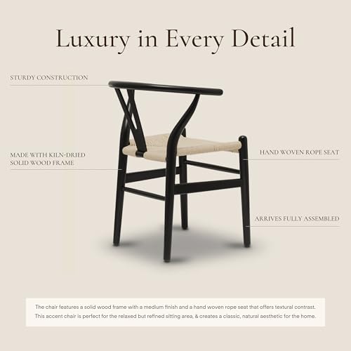 Image of POLY & BARK Weave Dining Chair - Mid-Century Modern Wishbone Dining Chair with Arms, Solid Wood Frame, Indoor Use - Black - Single - Ideal for Dining Room, Kitchen or Stylish Accent Setting