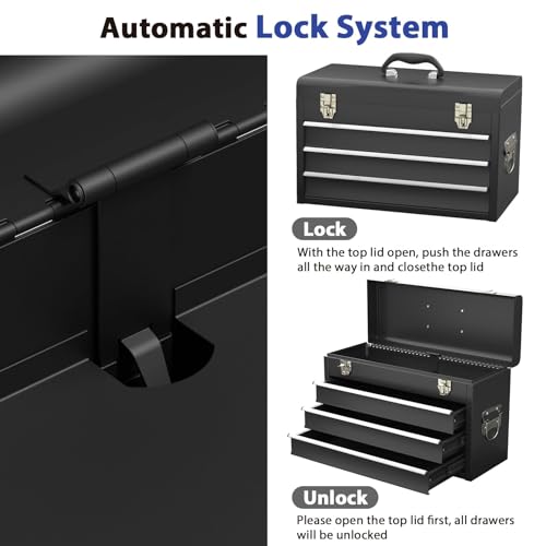 3 Drawer Steel Tool Box, Madertool Portable Metal Toolbox with Top Storage Tray and carrying Handle, Multi-Function Tool Storage with Anti-slip Liner for Garage, Home, or Workbench, Black