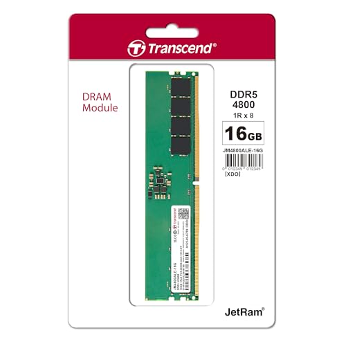 Image of Transcend 16GB DDR5 RAM, 4800MHz Desktop Memory UDIMM, Compatible w /Intel & AMD Ryzen, Desktop PC Computer Memory Module, On-die ECC PC5-38400 1Rx8 CL40 2Gx8 1.1V 288Pin, Unbuffered Long-DIMM Memory