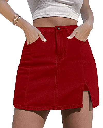 luvamia High Wasited Denim Skorts for Women Denim Mini Skirt Side Slit with High Wasited Jean Shorts Stretchy for Women Going Out Jean Shorts True Red Size Medium Size 8 10