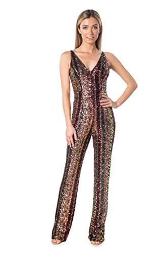 Dress the Population Women's Charlie Plunging Jumpsuit, Bronze Multi, Large