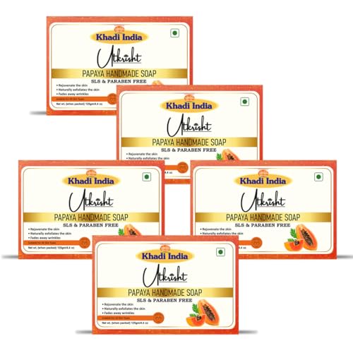 Image of Khadi Papaya Handmade Bathing Soap Bar 125g (Pack of 5) | Natural & Herbal | Enriched with Vitamin A, C & E | Glowing & Brightening Skin | For Acne & Pigmentation | All Skin Types