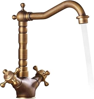 Grifo Vintage para Fregadero de Cocina, Mezclador Giratorio 360° de Latón, Doble Mando Agua Caliente/Fría con Manguera Flexible, Diseño Duradero para Baño