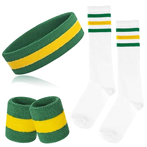 Lot de 5 bandeaux et chaussettes rayés pour le sport et les fêtes des années 80 (vert/jaune/vert) Cover
