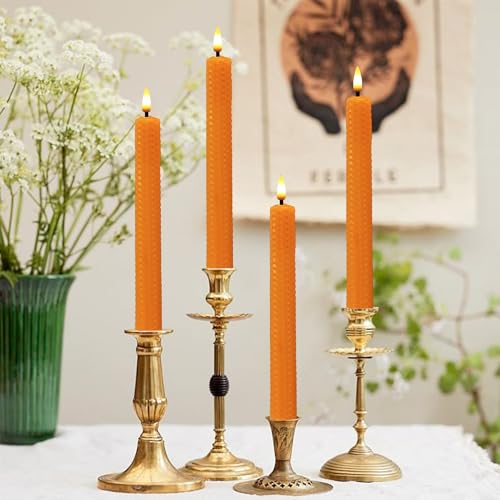 Image of Beeswax Honeycomb Flameless LED Taper Candles, 9.5 Inch Flickering Wax Candles with Remote & Timer, Orange Battery Operated Dripless Tapered Candle for Home Wedding Decor, 4 Pack
