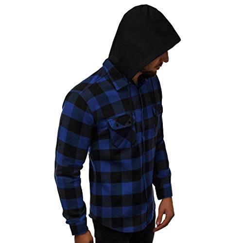 Balakie Men's Plaid Hooded Shirts Button Closure Detachable Hoodie Long Sleeves Lightweight Shirt Jackets (M, Blue)