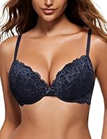 WingsLove Womens Push up Bra Floral Lace Padded Underwire Bra Demi Plunge (Navy Blue 34B)