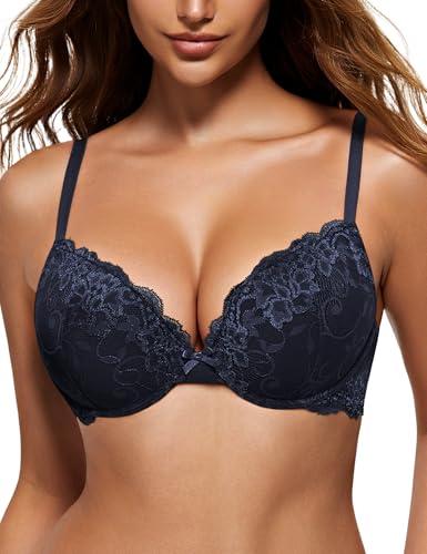 WingsLove Women's Push up Bra Floral Lace Padded Underwire Bra Demi Plunge (Navy Blue 36B)