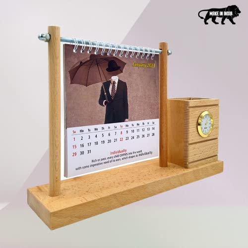 Image of Wooden Pen Stand with Calendar 2025 For office, home, desk