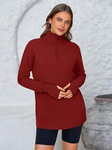 Image of PRETTYGARDEN Womens Long Sleeve Quarter Zip Pullover Sweater | Casual Loose V Neck Sweaters with Thumb Hole, Collared Ribbed Knit Jumper Tops, Oversized Tunic Tops, Fall Outfits 2026
