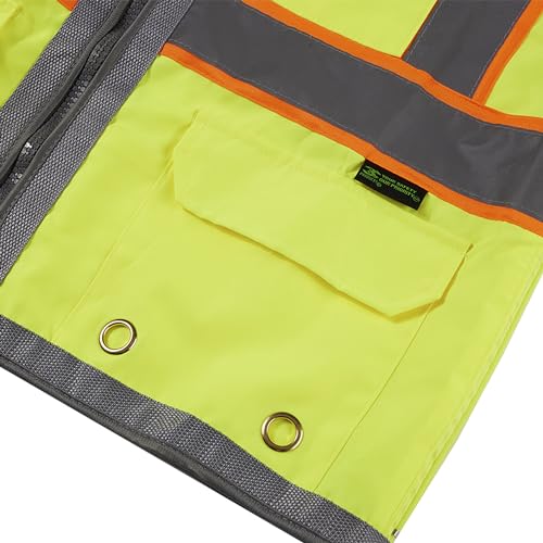 SV2700, Class 2, Hi-Vis Neon Green/Yellow Zipper Safety Vest Reflective Strips w/Orange Binding, 9 Pockets (IPAD) 5
