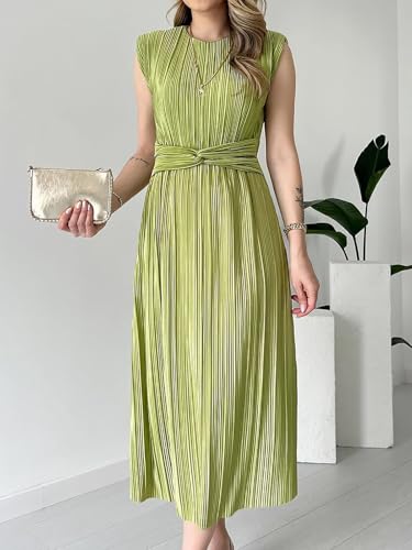 Image of Pleated Maxi Dress Wedding Guest Cocktail Shoulder Pad Crewneck Sleeveless Front Twisted Elegant A-Line Dress
