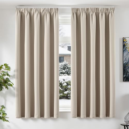 TOPICK Gardinen mit Kräuselband Vorhänge Blickdicht Verdunklungsvorhänge Blackout Curtains 175x140 cm 2er Set Gardinen Wohnzimmer modern Vorhänge Schlafzimmer verdunkelung Fensterdekoration Beige