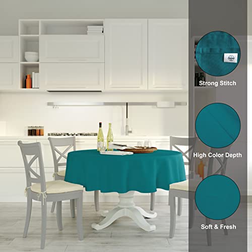 Image of Encasa XO Dining Table Cover Cloth for 4 Seater | 140 cm-Round Cotton Canvas Round Table Cloth | Machine Washable Tablecloth for Indoor & Outdoor Use - Azul Blue Solid Color