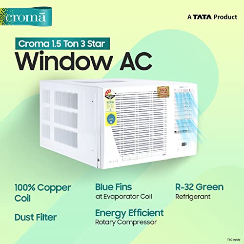 Image of Croma 1.5 Ton 3 Star Window AC (Copper Condenser, 2022 Model, CRLAWA0183T9402, White)