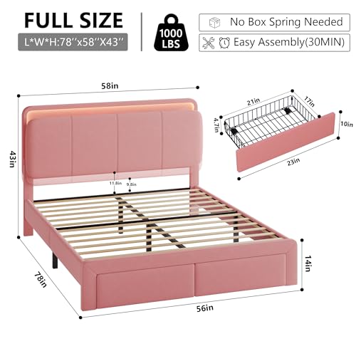 Image of Feonase Full Upholstered Bed Frame with Headboard and 2 Storage Drawers, Built-in Charging Station, Velvet Platform LED Bed with Solid Wood Slat Support, No Box Spring Needed, Pink