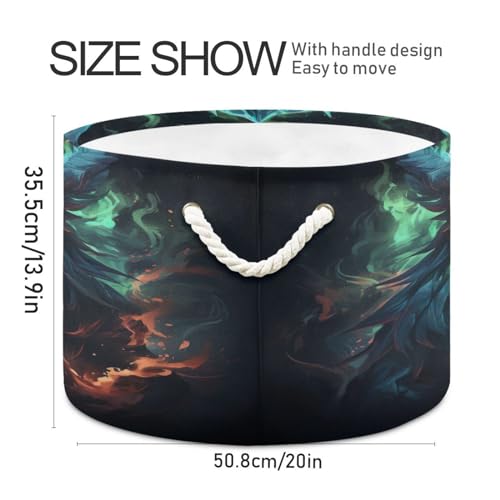 Round Green Fire Flame Dragon Storage Basket Large Organizer Bin Laundry Hamper Toy Storage Basket with Handle for Nursery Clothes Toys 202b5300