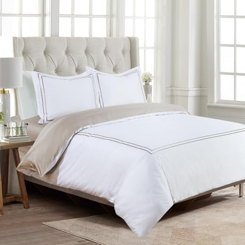 Majestic Giftware Madison Linen 4 Pcs 48" Full Size Duvet Bedding Set (BL51-48F-3-4pcs) Flora Hotel Collection-White-Taupe Embroidery 400 TC Cotton Sateen | 1 Fitted Sheet, 1 Duvet, 2 Pillowcase