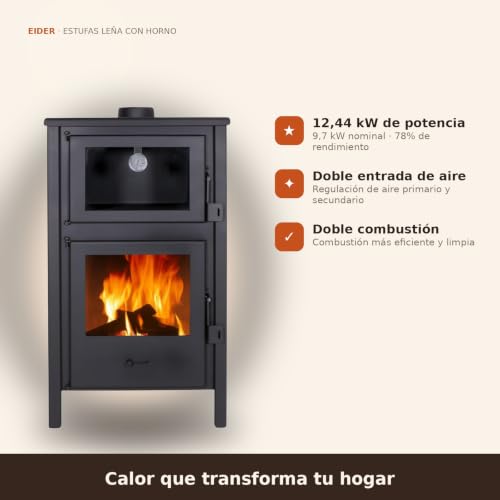 Miniatura 2 de Eider Biomasa Estufa De Leña Interior Con Horno Quartz 12,4 Kw, Frontal En Fundición, Hasta 210 M , Salida Superior Ø120 Mm