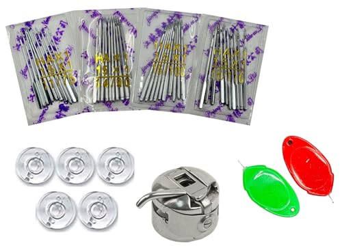 Image of ZENITH Sewing machine Needles HA Size (11,14,16,18) 10pc Needles each (Total 40pc Needles) , 5pc Plastic Bobbins ,1 Bobbin case & 2pc Needle Threader Combo Suitable for Home Sewing machines like Usha Janome, SINGER, BROTHER