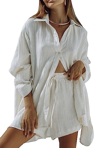 Fixmatti 2 Piece Outfits for Women Lounge Set Long Sleeve Button Down Oversized Shirt and Shorts Tracksuit White L