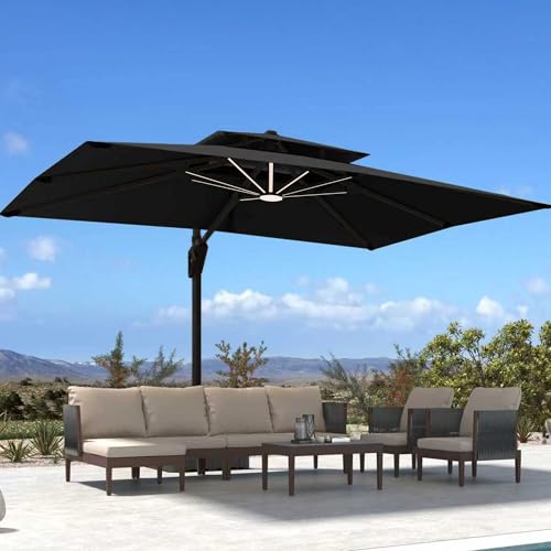 Image of Deconk 10' X 13' Patio Umbrella with LED Lights Outdoor Cantilever Large Rectangle Offset Umbrellas Heavy Duty Aluminum Double Top with 360-degree Rotation for Pool Garden Deck, Black